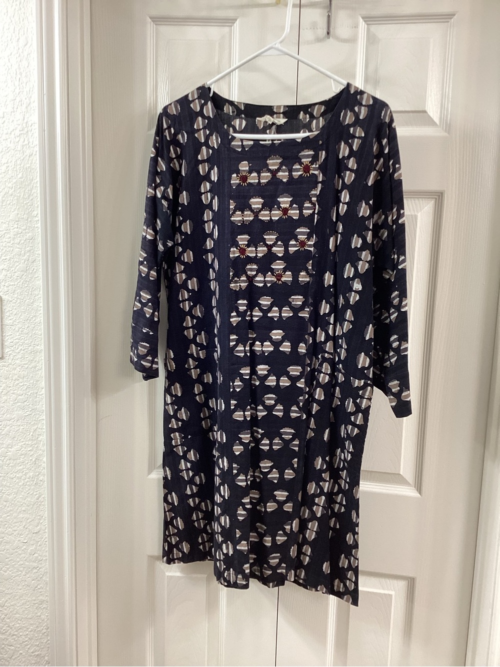 Navy Printed Midi Dress with 3/4 Sleeves